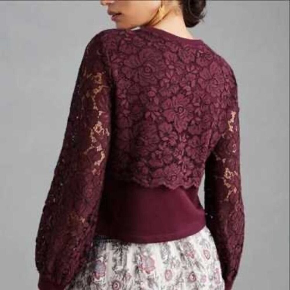 Maeve Anthropologie Lace Overlay Crop Sweatshirt Burgundy XXS XS Coquette Boho